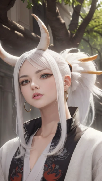 There are horns on the head、gray haired woman, White Horned Queen Demon, White-haired deity, Artwork in the style of Guweiz, Most models | Type Germ, Tifa Lockhart white hair, Detailed digital anime art, Detailed anime character art, author：Yang Jie, Fan Art Best Artstation, White horns grow on eyebrows, Devil White Horn