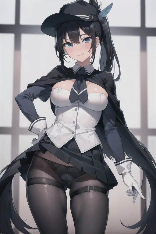 (Masterpiece, 8k, Best Quality, Highly detailed, depth of field:1.4), 1girl, black hair, black pantyhose, blue eyes, blue headwear, breasts, capelet, gloves, flinlock gun, hair between eyes, handgun, hat, hat feather, holding, holding gun, holding weapon, aiming at viewer, large breasts, long hair, looking at viewer, pantyhose, ponytail, revolver, shirt, skirt, solo, standing, thigh strap, weapon, white gloves, (skirt lift:0.8), panties, blush, seductive face, licking lips, sly smile, shy face, questionable, nsfw