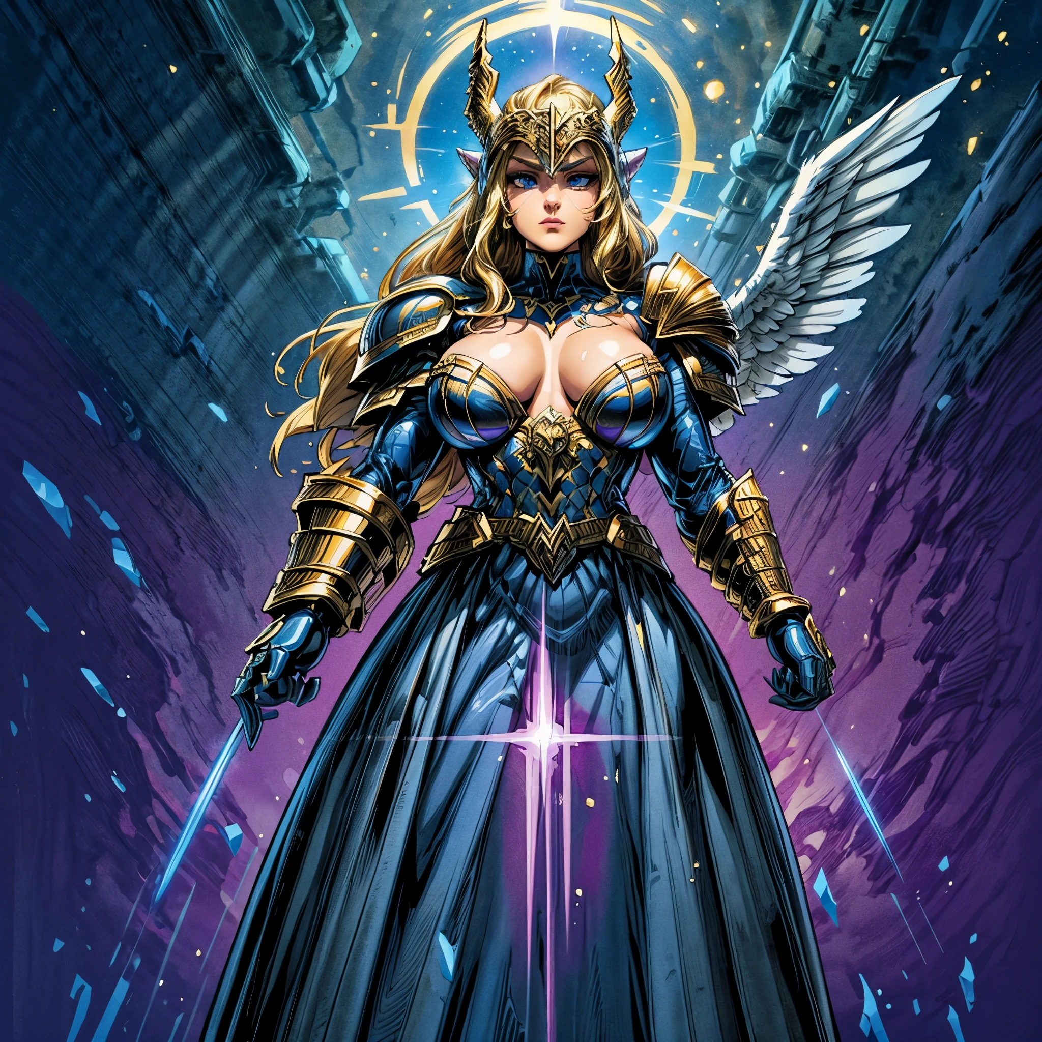 masterpiece, best quality, masterpiece, godlike quality, godlike art, highly detailed face, 1woman, digital illustration of Thundra, the Asgardian hero, standing confidently in her dark blue/purple armor with gold trim inspired by Jack Kirby's designs. blonde hair. Capture the essence of her power as she commands thunder and lightning, with her cape resembling a star field. Include the (((Norse helm with gold wings))) and showcase her right hand covered in a heavy armored glove. cosmic background. deep v neck. stern expression, (best quality), (masterpiece), realistic, sharp, 8k, (helmet), (purple armor), valkyrie, (full body), pretty face, (blue eyes), (((left hand glove))), (((Armored left hand))), bare right hand, star pattern, good hands, detailed hands. (((full helmet))), (((Helmet that covers the head with nose guard))), armored boots,
