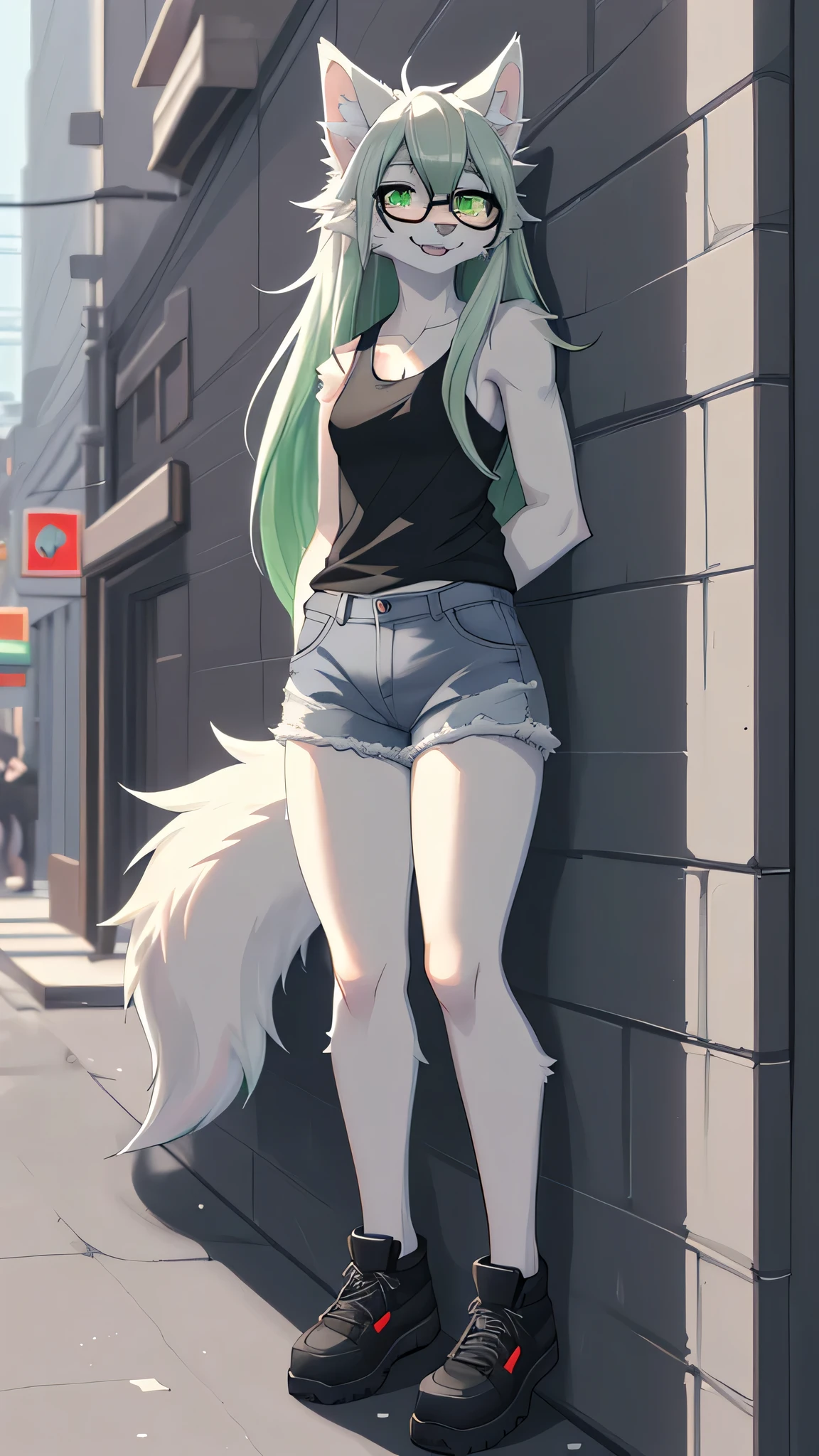 Solo:1.2, By claweddrip, by hyattlen, by fumiko, a cute female gray wolf, long hair, white green hair, green eyes, long white whiskers, cute gray tabby wolf ears, gray tabby wolf tail, tall, slender, wearing Jean shorts, absolute territory, scuffed black shoes, green tank top, hands in pockets, large round clear glasses, high quality, fluffy ear tips, looking_away:1.3, leaning on a wall, in a vibrant city street, smiling, wolf teeth, full body in frame