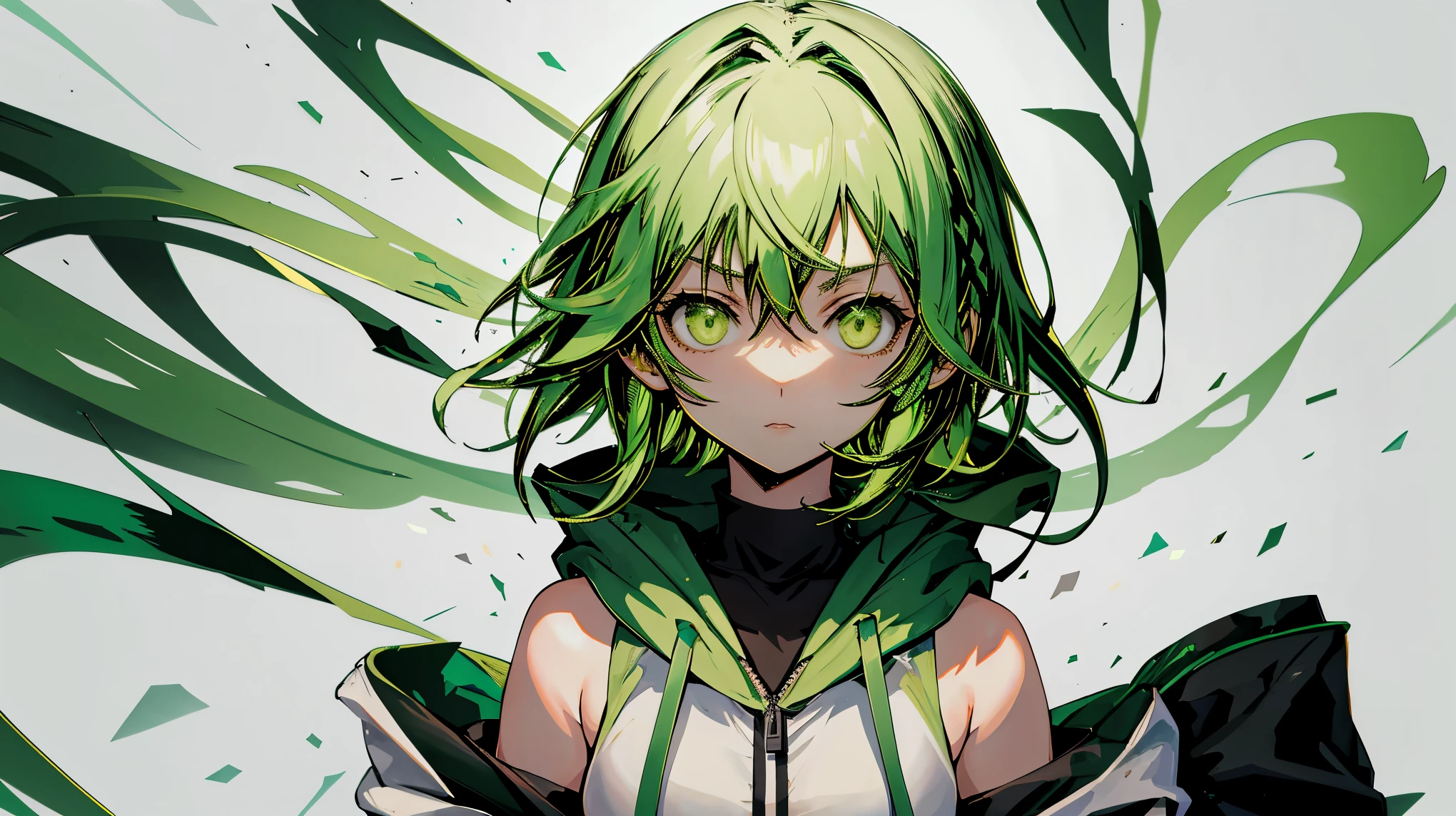 1girl in, Upper body, light green hair, White hoodie,GUMI,Dark look,Serious