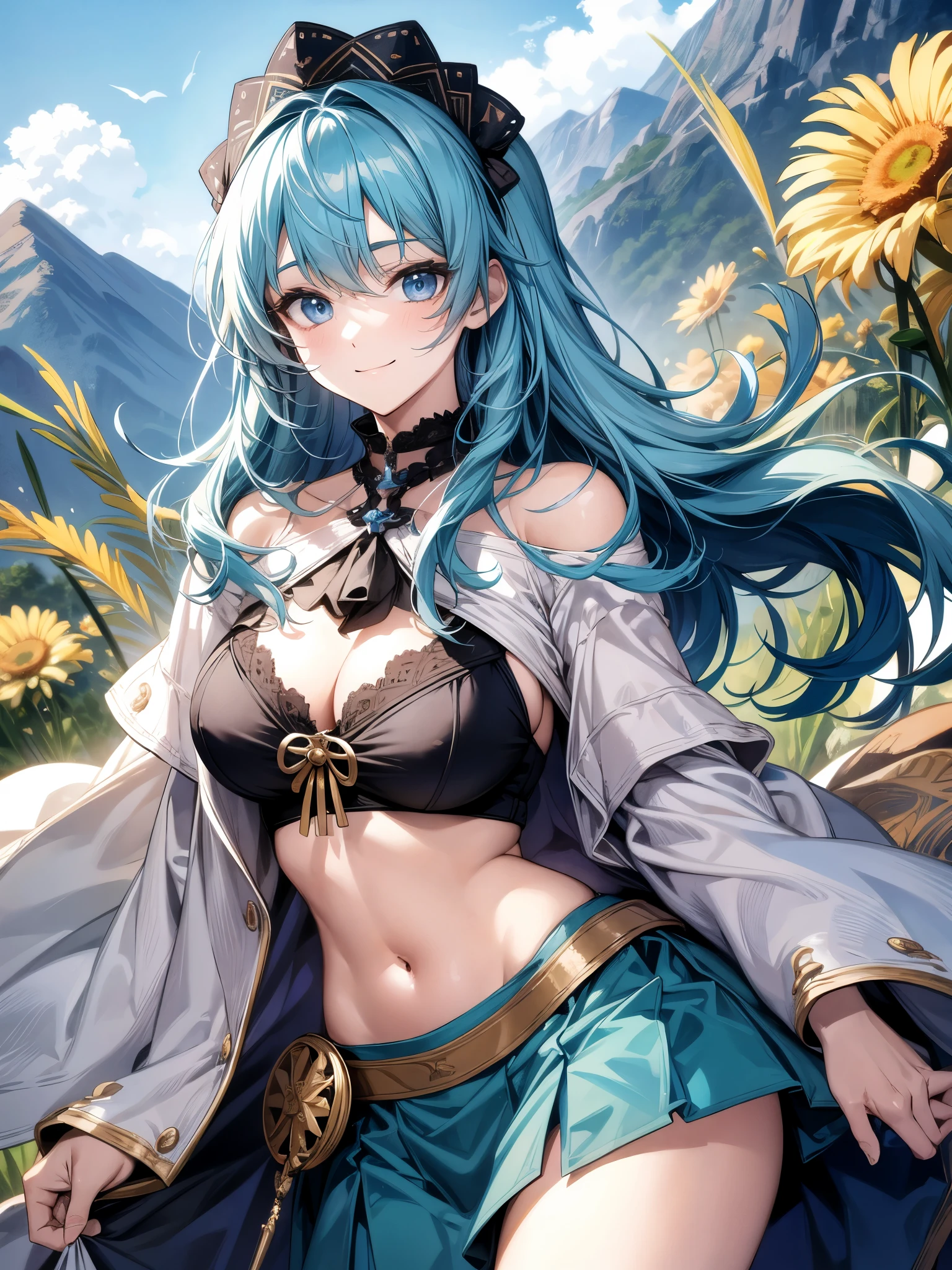 Medieval fantasy worldview、Cowboy Shot、Highest quality、masterpiece、Highest Resolution、movie、photograph、A vividly colored anime picture、sage:1.3、Aqua blue hair、Long Hair、Wave Hair、break,White light clothing:1.3、Tube top:1.3、Chest:1.3、mini skirt:1.3、Circlet:1.3、A kind smile、Large breasts、Harsh Mountains、noon、blue sky、Shepherd&#39;s crook