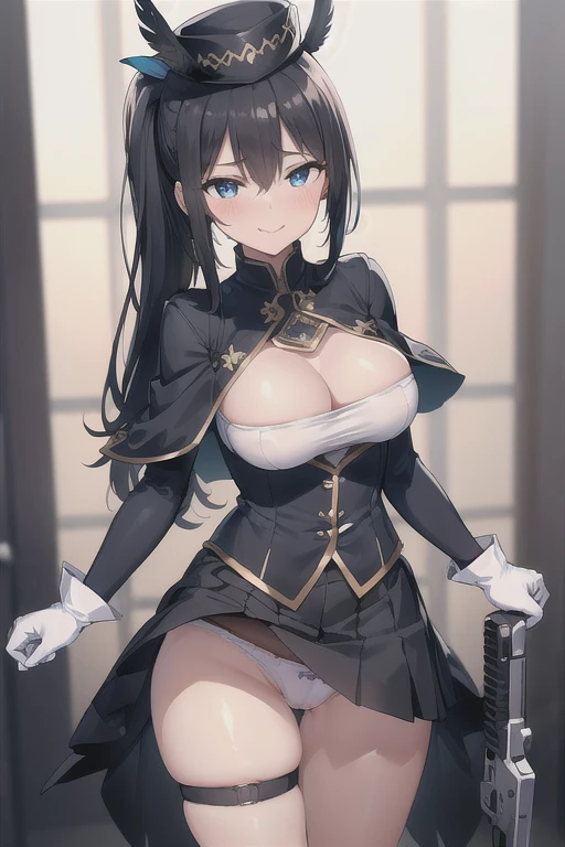 (Masterpiece, 8k, Best Quality, Highly detailed, depth of field:1.4), 1girl, black hair, black pantyhose, blue eyes, blue headwear, breasts, capelet, gloves, flinlock gun, hair between eyes, handgun, hat, hat feather, holding, holding gun, holding weapon, aiming at viewer, large breasts, long hair, looking at viewer, pantyhose, ponytail, revolver, shirt, skirt, solo, standing, thigh strap, weapon, white gloves, (skirt lift:0.8), panties, blush, seductive face, licking lips, sly smile, shy face, questionable, nsfw