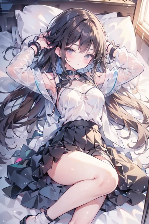 Italian girl 25 years old, very long brown hair, super hyper gigantic breasts, very small torn blouse that cannot contain her breasts, black miniskirt, lying on the bed, her breasts are tied together, and her arms and legs are tied to the bed, she has a slave collar, breasts are wet