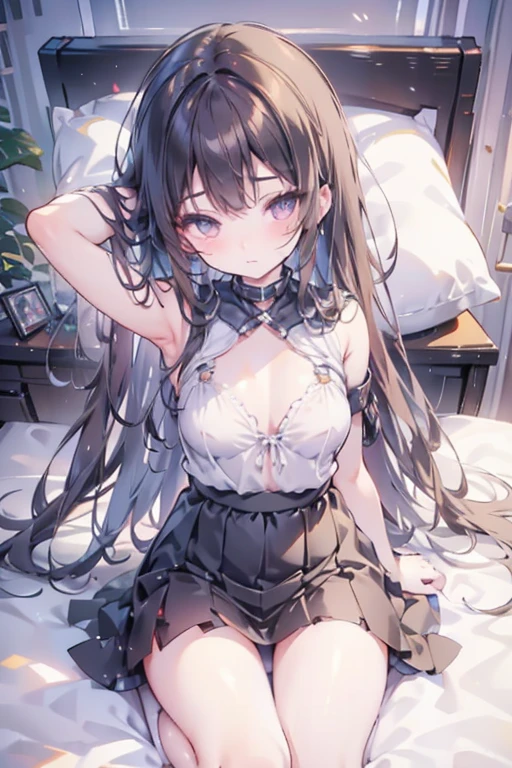 Italian girl 25 years old, very long brown hair, super hyper gigantic breasts, very small torn blouse that cannot contain her breasts, black miniskirt, lying on the bed, her breasts are tied together, and her arms and legs are tied to the bed, she has a slave collar, breasts are wet