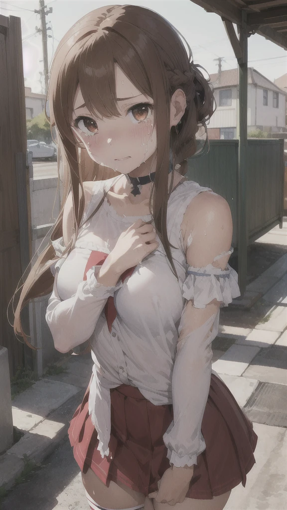 masterpiece, highest quality, High resolution, Ah ah, Long Hair, brown hair, Braiding, Brown eyes, Exposing shoulders, armor, breastplate, White sleeves, Removable sleeves, Red Skirt, Pleated skirt, White knee socks, Are standing, Cowboy Shot, Outdoor, Crying face、、High resolution、High resolution、8k、Asuna of Flash、Asuna Yuki、Sword Art Online、 1 girl,,Torn white and red light armor,Torn white and red light armor、、A lot of semen on the faceが垂れている、A lot of semen drips onto my face、Sobbing、Crying face、Sad look、Tears flow、A lot of semen on the face、Semen dripping from her mouth、Semen dripping from my mouth、Covered in semen all over the face、Semen dripping on hair