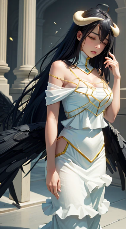 masterpiece, highest quality, Very detailed, figure, Spectacular lighting, Structure of the film, Equal length method,(六horn形:1.2), One girl, horn, alone, Yellow Eyes, Black Hair, Long Hair, (Low Wing:1.2), Big cleavage, Exposing shoulders, Hair between the eyes, Medium chest, (White Dress:1.1), Golden decoration, Detachable collar, Displaying the viewer, Half-closed eyes, (Displaying the viewer:1.1), Part your lips, blush, Black feathers fall, Arena, Particle Effects, (8k:1.1)