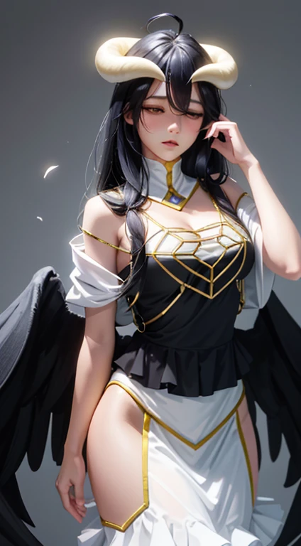masterpiece, highest quality, Very detailed, figure, Spectacular lighting, Structure of the film, Equal length method,(六horn形:1.2), One girl, horn, alone, Yellow Eyes, Black Hair, Long Hair, (Low Wing:1.2), Big cleavage, Exposing shoulders, Hair between the eyes, Medium chest, (White Dress:1.1), Golden decoration, Detachable collar, Displaying the viewer, Half-closed eyes, (Displaying the viewer:1.1), Part your lips, blush, Black feathers fall, Arena, Particle Effects, (8k:1.1)