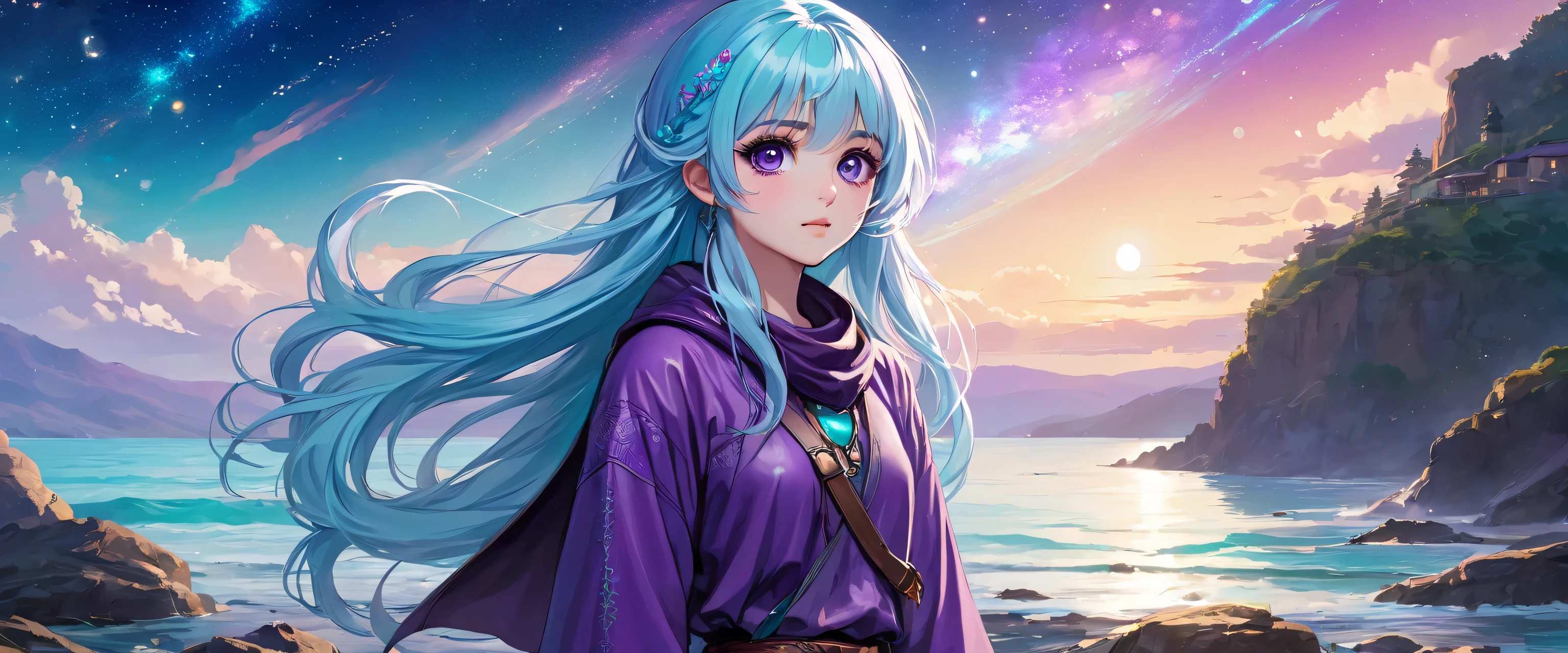 Masterpiece. High-resolution. 1girl about 20 years old. Pretty beautiful girl. Pretty big purple eyes. Delicate face. Beautiful face. (((Long light blue hair))). Straight hair. Messy hair. Hair bangs. Turquoise tunic. Purple tide pants. Leather boots. himalaias background with cosmic Sky.
