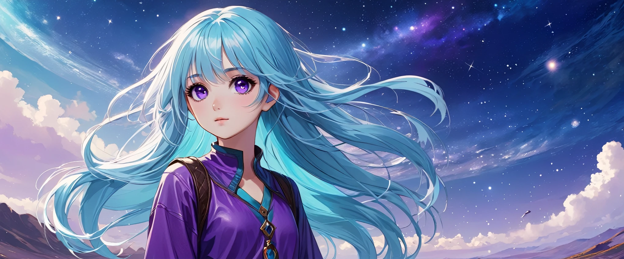 Masterpiece. High-resolution. 1girl about 20 years old. Pretty beautiful girl. Pretty big purple eyes. Delicate face. Beautiful face. (((Long light blue hair))). Straight hair. Messy hair. Hair bangs. Turquoise tunic. Purple tide pants. Leather boots. himalaias background with cosmic Sky.