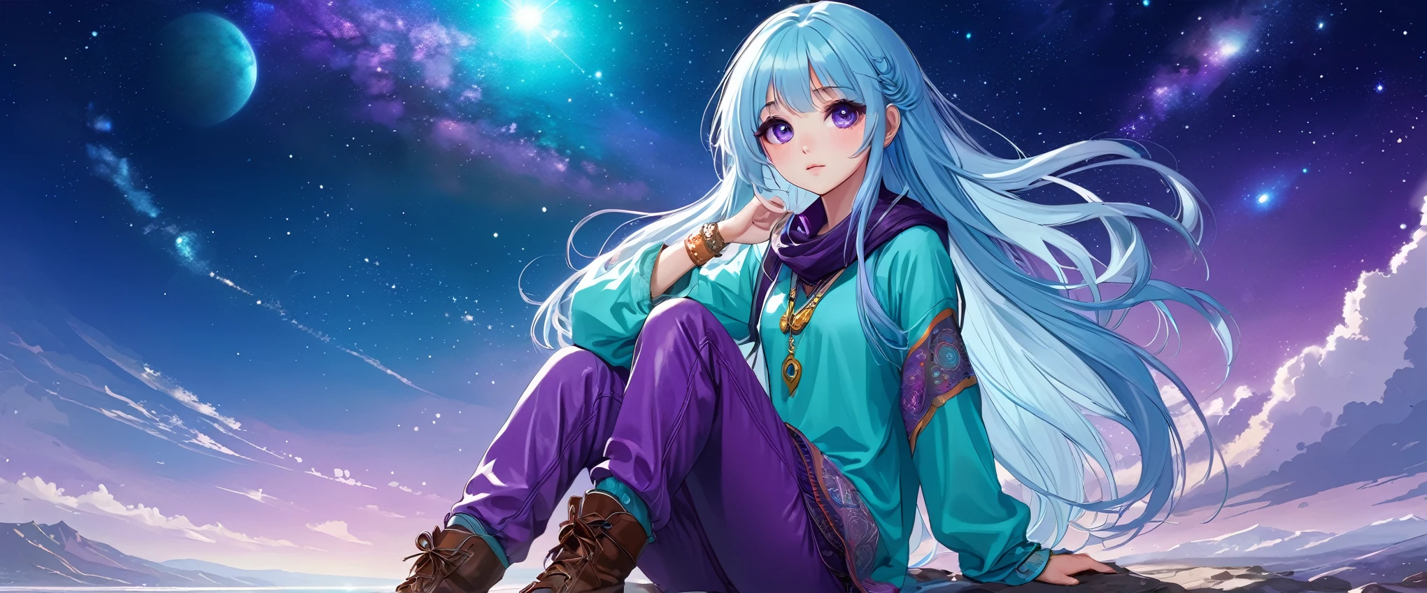 Masterpiece. High-resolution. 1girl about 20 years old. Pretty beautiful girl. Pretty big purple eyes. Delicate face. Beautiful face. (((Long light blue hair))). Straight hair. Messy hair. Hair bangs. Turquoise tunic. Purple tide pants. Leather boots. himalaias background with cosmic Sky.