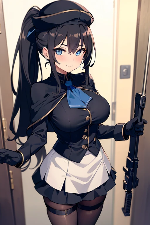 (Masterpiece, 8k, Best Quality, Highly detailed, depth of field:1.4), 1girl, black hair, black pantyhose, blue eyes, blue headwear, breasts, capelet, gloves, flinlock gun, hair between eyes, handgun, hat, hat feather, holding, holding gun, holding weapon, aiming at viewer, large breasts, long hair, looking at viewer, pantyhose, ponytail, revolver, shirt, skirt, solo, standing, thigh strap, weapon, white gloves, (skirt lift:0.8), panties, blush, seductive face, licking lips, sly smile, shy face, questionable, nsfw