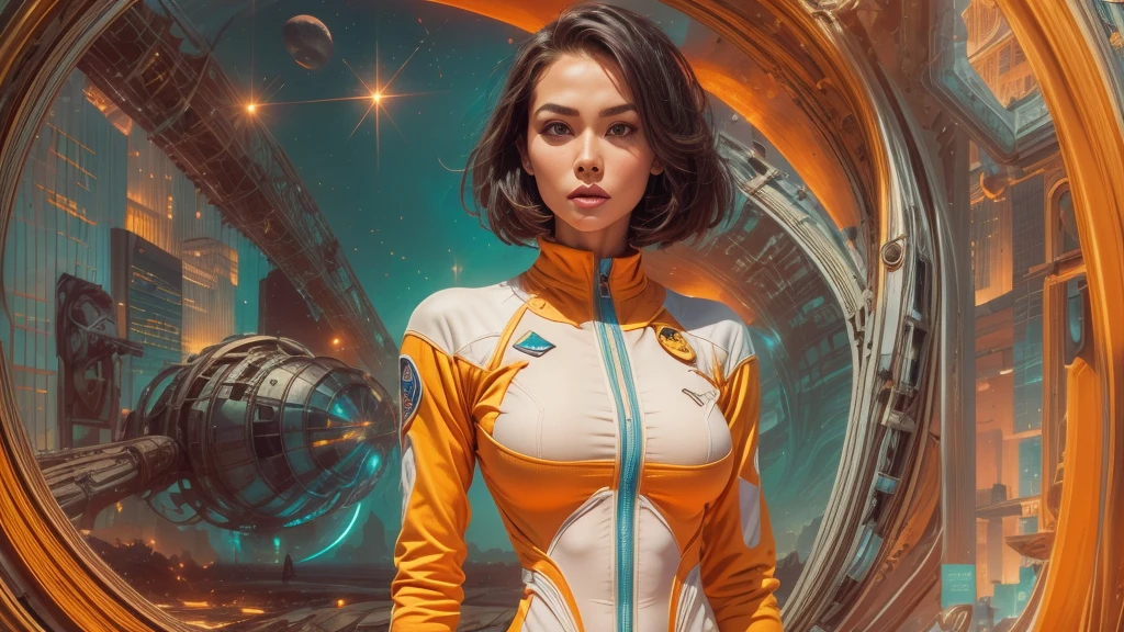 arafed image of a woman in a futuristic suit with a spaceship in the background, movie art, in front of an orange background, inspired by Robert McGinnis, female protagonist, megastructure in the background, portrait of an ai astronaut, astronauts, an astronaut, portrait of a astronaut skeletor, perfect android girl, detailed eyes, frank franzzeta and sakimichan  