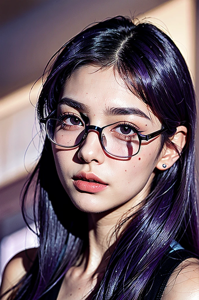 realistic,( photo-realistic), ultra hires, (masterpiece, top quality, best quality, official art, beautiful, raw photo, (high detailed skin:1.2), detailed woman face, kafka, purple eyes, purple hair, eyewear on head, long eyelashes, delicated eyebrows, beautiful lips, high detailed eyes