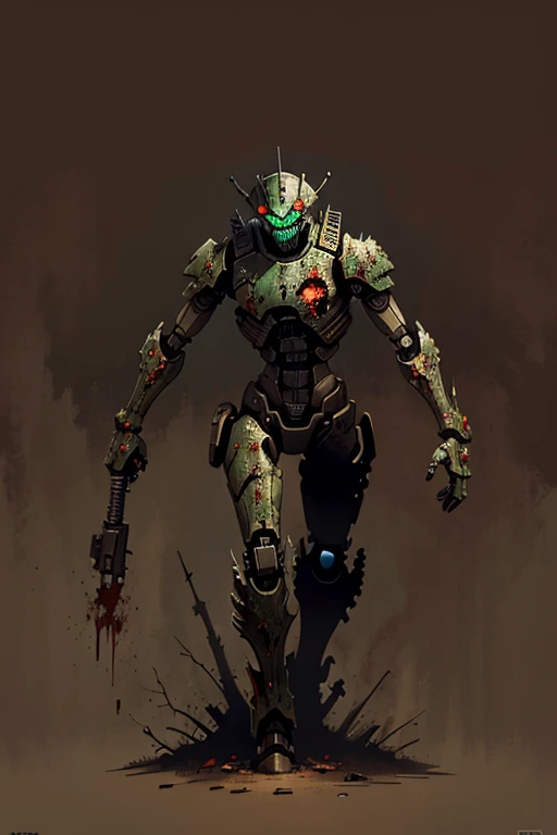 robot, zombie, infected robot, fungus, solo, simple background, 