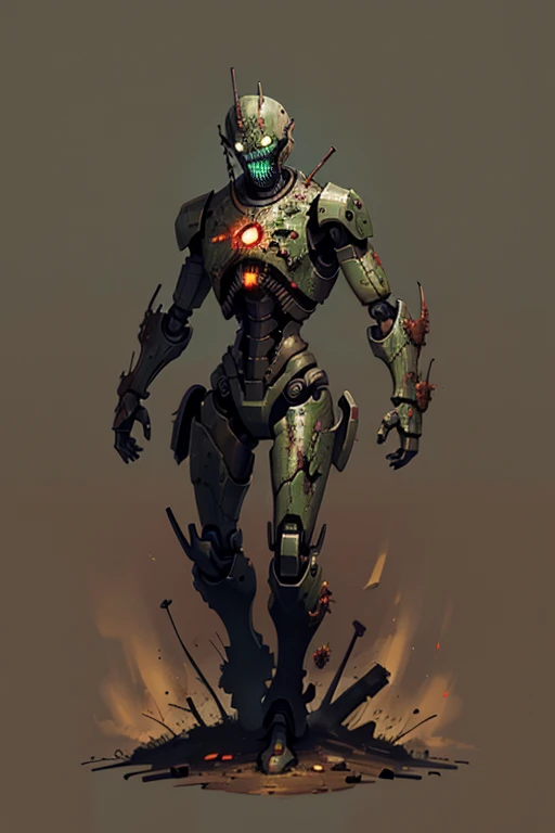 robot, zombie, infected robot, fungus, solo, simple background, 