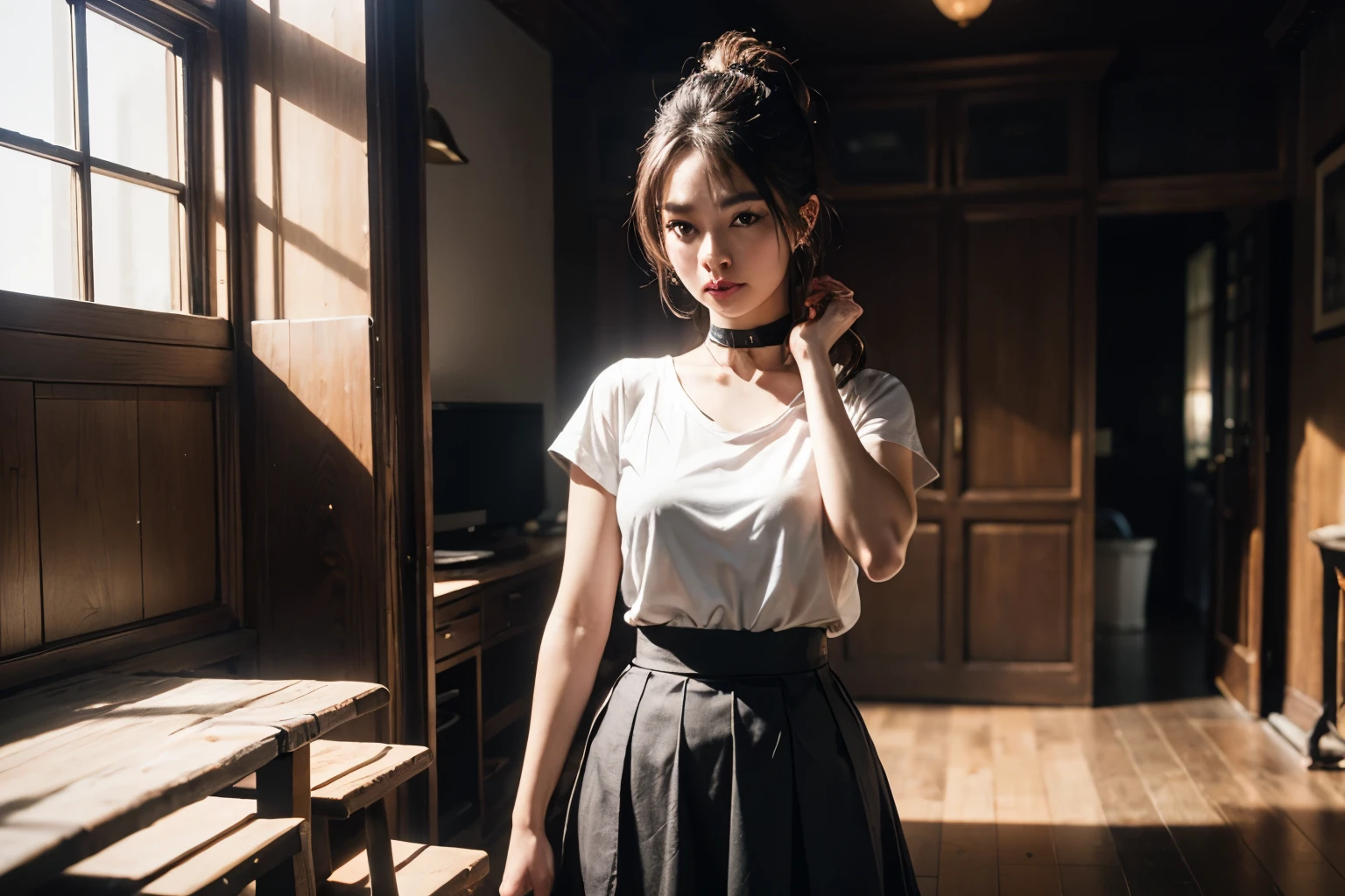 professional portrait photo of a beautiful Taiwanese girl wearing a white t-shirt, with ponytail hair, black choker, symmetrical beautiful face, cute natural makeup, mini skirt, standing in the room, while lifting the skirt with her hands, visible white panties, very realistic, concept artistic, elegant, highly detailed, intricate, sharp focus, depth of field, f/1. 8, 85mm, medium shot, center shot, (((professional color grading))), bright soft diffused light, (volumetric haze), trending on instagram, hdr 4k, 8k