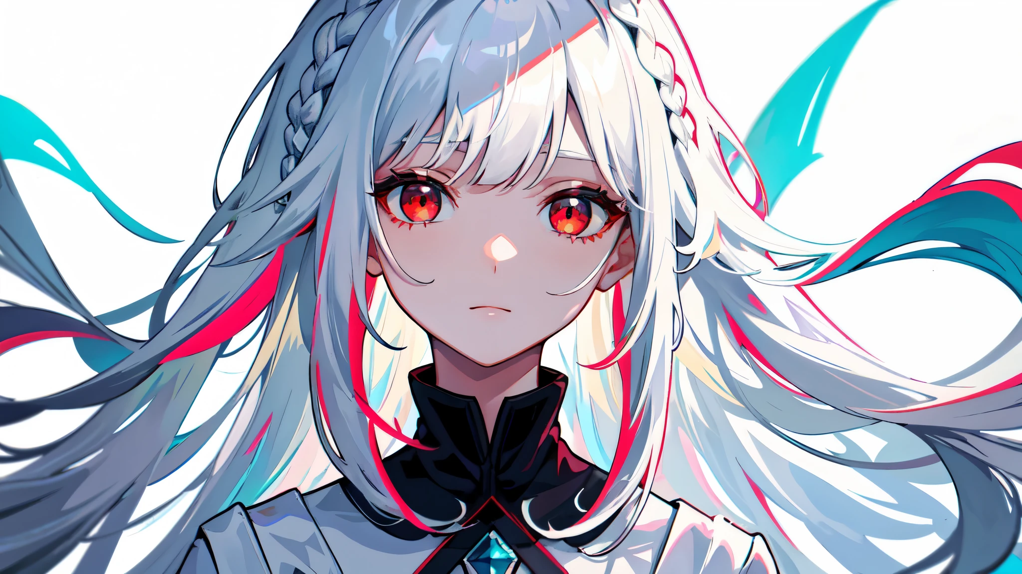 asymmetrical bangs, hair behind ear, hair over one eyebrow, braided bangs, very long hair, white background, delicate facial features, portrait, upper body, looking at viewer, 1girl, solo, white hair, multicolored_hair, white dress, upper body, red eyes