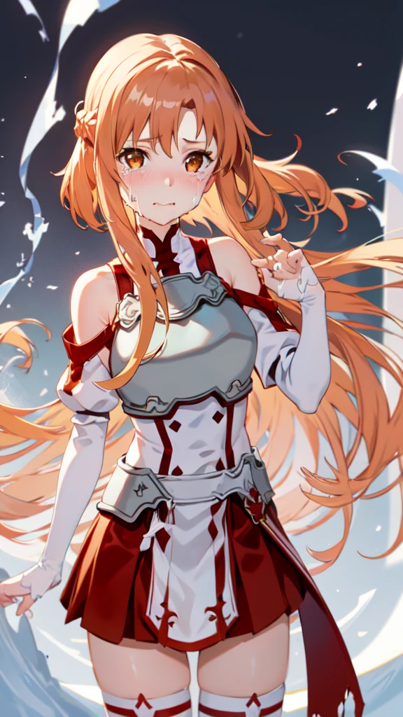 masterpiece, highest quality, High resolution, Ah ah, Long Hair, brown hair, Braiding, Brown eyes, Exposing shoulders, armor, breastplate, White sleeves, Removable sleeves, Red Skirt, Pleated skirt, White knee socks, Are standing, Cowboy Shot, Steppe zone, Crying face、、High resolution、High resolution、8k、Asuna of Flash、Asuna Yuki、Sword Art Online、 1 girl,,Torn white and red light armor,Torn white and red light armor、、A lot of semen on the faceが垂れている、A lot of semen drips onto my face、Sobbing、Crying face、Sad look、Tears flow、A lot of semen on the face、Semen dripping from her mouth、Semen dripping from my mouth、Covered in semen all over the face、Semen dripping on hair
