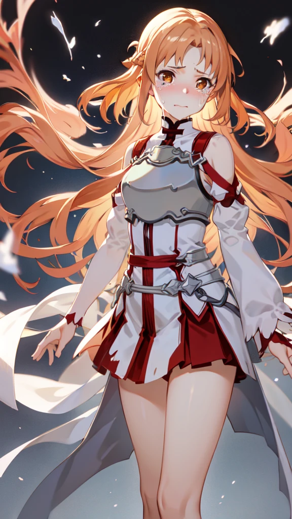 masterpiece, highest quality, High resolution, Ah ah, Long Hair, brown hair, Braiding, Brown eyes, Exposing shoulders, armor, breastplate, White sleeves, Removable sleeves, Red Skirt, Pleated skirt, White knee socks, Are standing, Cowboy Shot, Steppe zone, Crying face、、High resolution、High resolution、8k、Asuna of Flash、Asuna Yuki、Sword Art Online、 1 girl,,Torn white and red light armor,Torn white and red light armor、、A lot of semen on the faceが垂れている、A lot of semen drips onto my face、Sobbing、Crying face、Sad look、Tears flow、A lot of semen on the face、Semen dripping from her mouth、Semen dripping from my mouth、Covered in semen all over the face、Semen dripping on hair