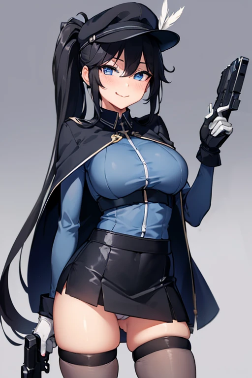 (Masterpiece, 8k, Best Quality, Highly detailed, depth of field:1.4), 1girl, black hair, black pantyhose, blue eyes, blue headwear, breasts, capelet, gloves, flinlock gun, hair between eyes, handgun, hat, hat feather, holding, holding gun, holding weapon, aiming at viewer, large breasts, long hair, looking at viewer, pantyhose, ponytail, revolver, shirt, skirt, solo, standing, thigh strap, weapon, white gloves, (skirt lift:0.8), panties, blush, seductive face, licking lips, sly smile, shy face, questionable, nsfw