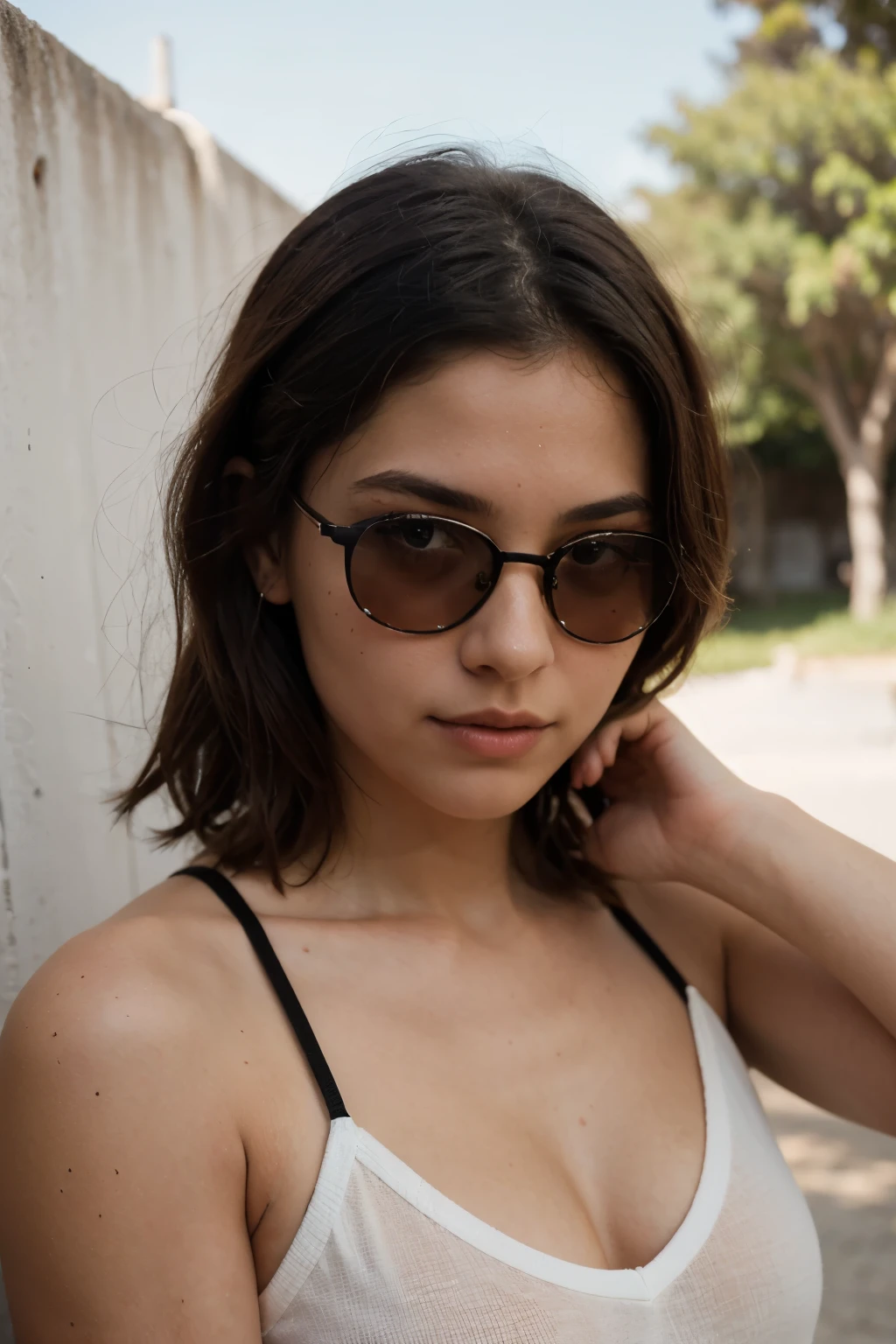 photograph of a 20 year old woman, mandibula marcada, ojos almendrados de color celeste, pelo de color marron claro, buzo color negro, jens color negro, gafas de sol color negro y que se vea como un maton malo