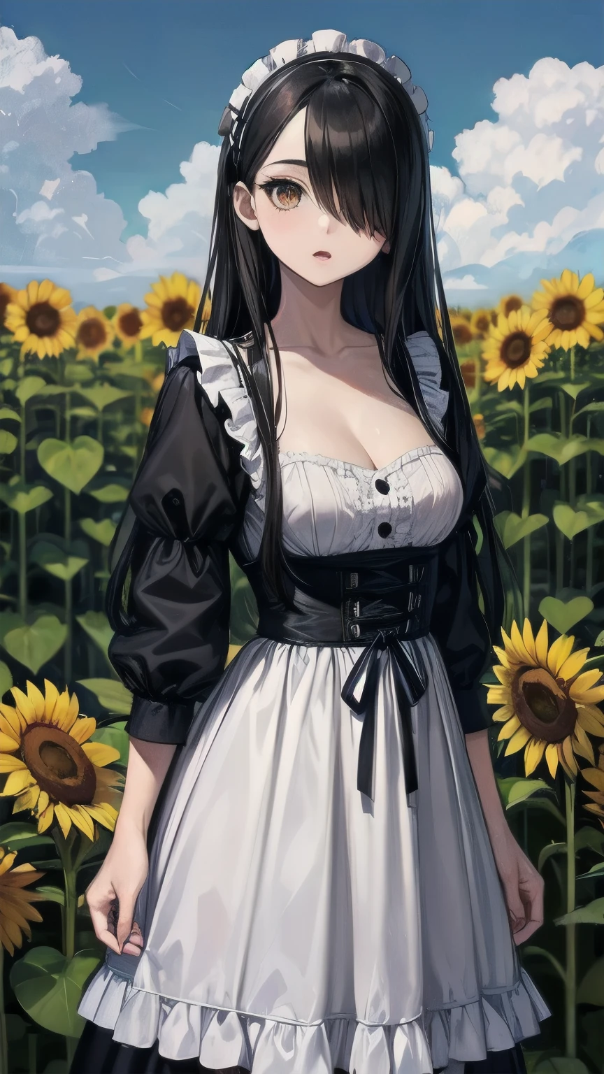 (masterpiece), best quality, expressive eyes, perfect face, lolita fashion, gothic lolita, mature female, medium breasts, Cleavage, long hair, (hair over one eye), very long hair, straight hair, black hair BREAK yellow eye BREAK white sundress BREAK standing, sunflower garden, cloudy sky, day time, :o, looking away