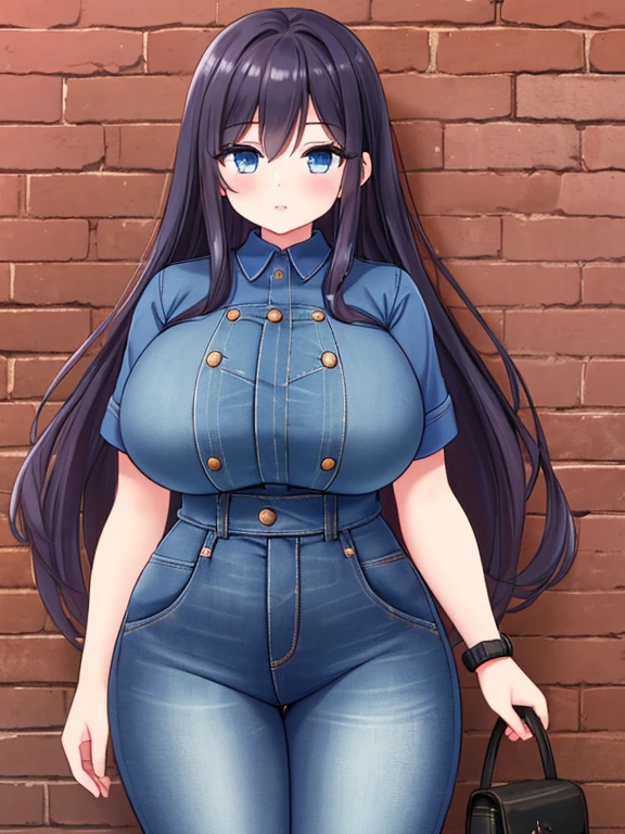 A Pretty, Curvy Girl, with Long brunette hair, Beautiful Blue Eyes, ((Incredibly Huge-Breasted)), (very wide hips), and has a very short stature. In an old, worn outfit, with (Dark-Blue, heavily worn jeans), and a solid Red shirt. standing, looking at her wrist-watch, near a brick wall, in a small city.