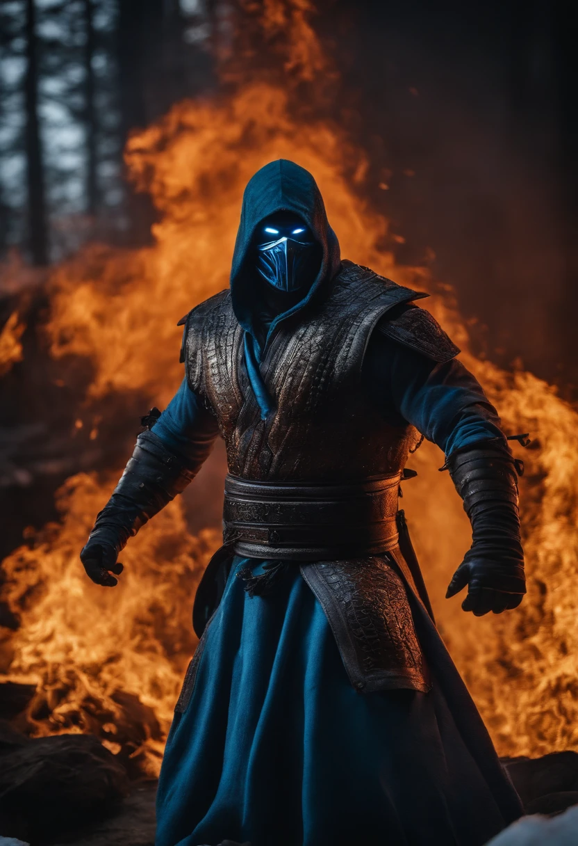 crear la imagen de sub zero sangrando enfrentando a escorpion desde el infierno