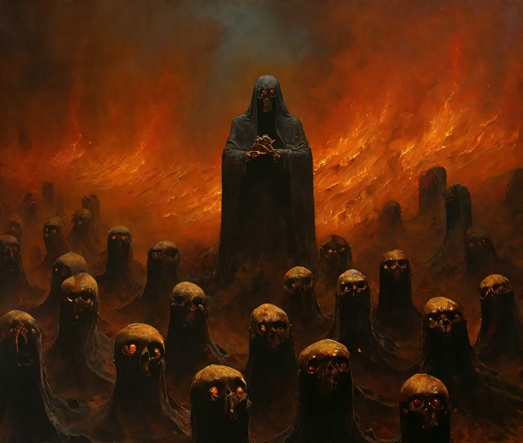 darkly themed painting of a horrific scene of demons dancing over the damned as they burn in the eternal fires of hell in the style of Zdzislaw Beksinski, o fogo do inferno com pessoas gemendo de dor ao fundo, dreamy and ethereal, poses expressivas, Grandes olhos negros, tormented expressions, fantasia, intrincado, elegante, dark, moody smoke, Altamente detalhado, pintura barroca sinistra, arte conceitual, suave, sharp focus, illustration, tinta preta fluindo, olhos enegrecidos, fogo e enxofre, death and decay, Pintura de paisagem