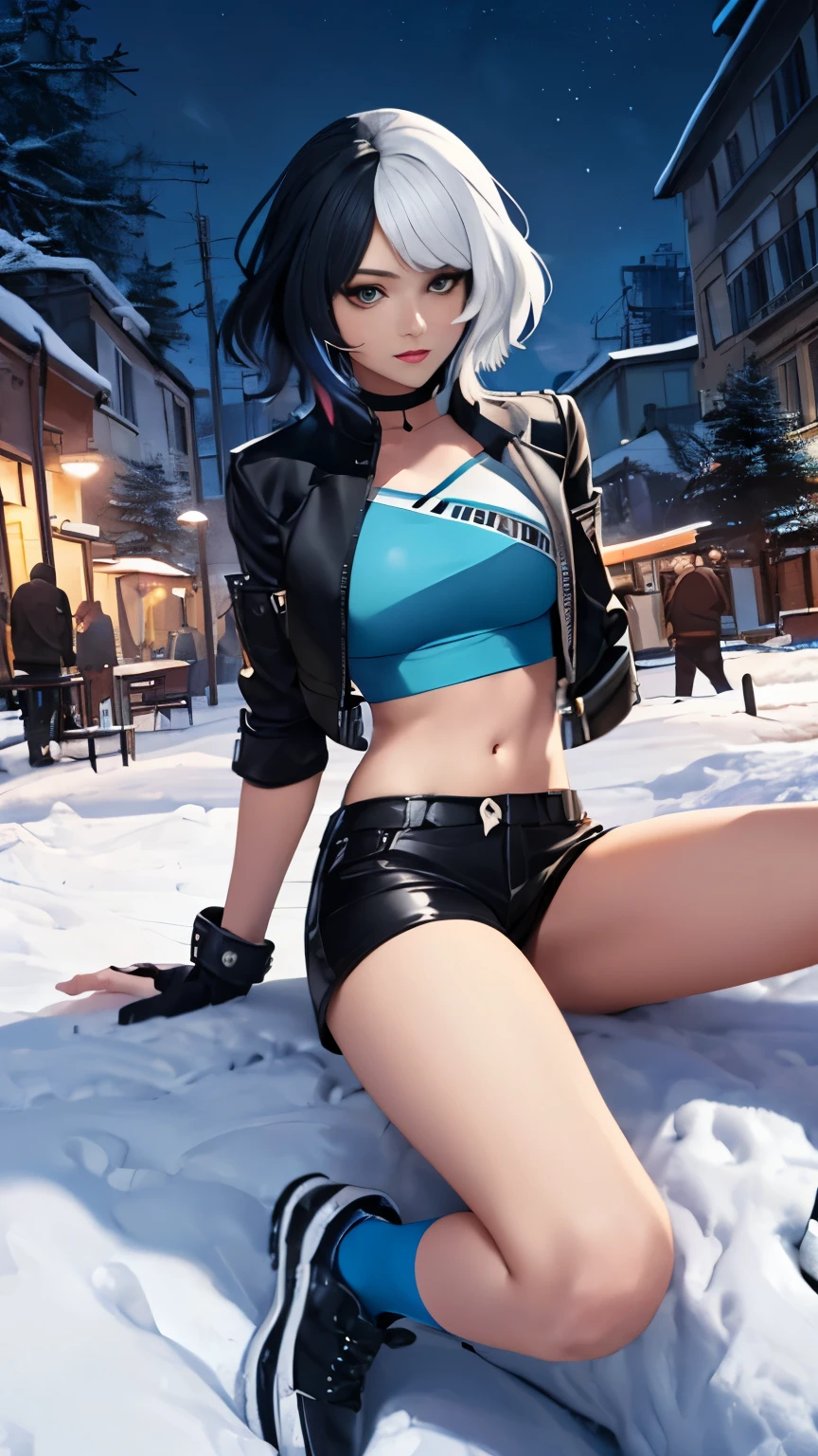 (Highly quality, masterpiece, detailed), night snowing city detailed scenario, night snowing city detailed background, 20 years old girl, solo, luna_snow, black hair, white hair, multi-colored hair, short hair, blue eyes, white eyes, multicolored eyes, black Leather crop top jacket, white leather shorts, white midriff, blue midriff, multicolored midriff, black footwear, white socks, blue socks, navel, perfect face, beautiful eyes, looking at the viewer, Sexy pose