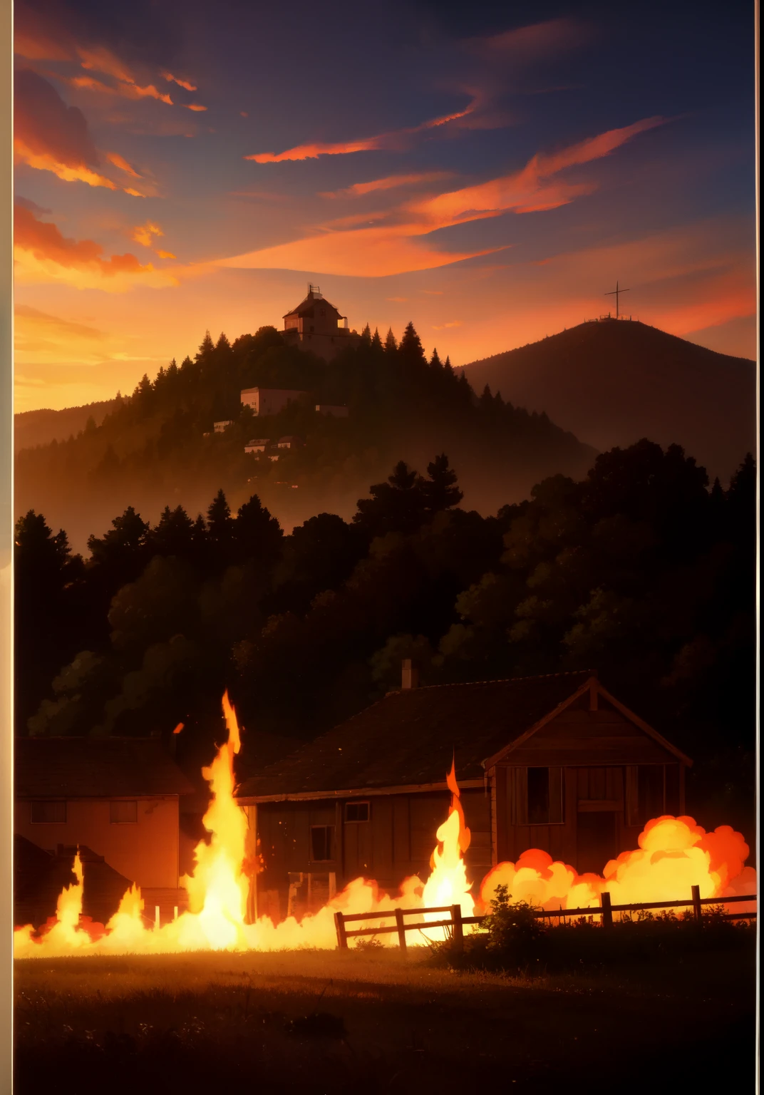 ((Anime)) , burning village house, morning, 