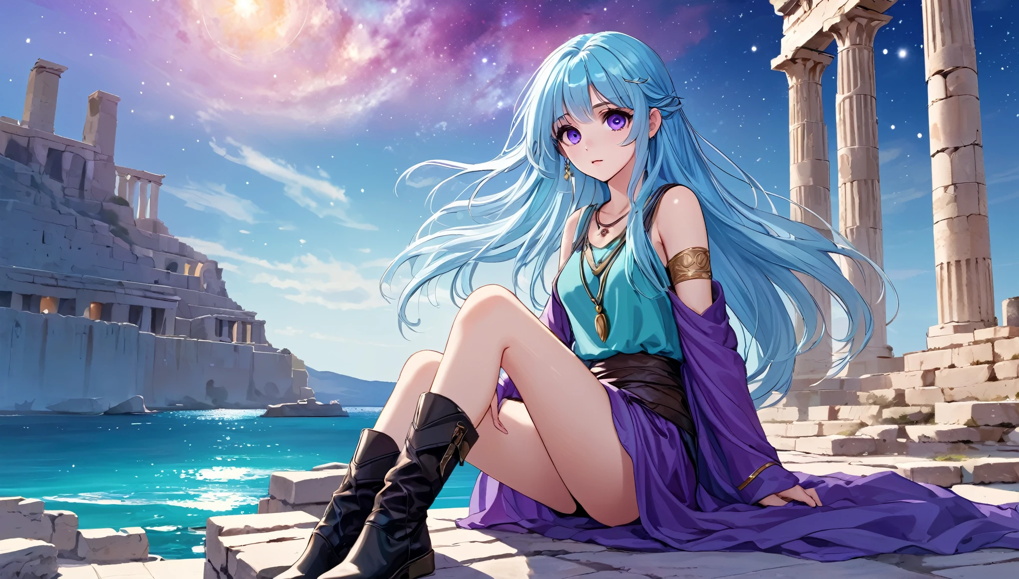 Masterpiece. High-resolution. 1girl about 20 years old. Pretty beautiful girl. Pretty big purple eyes. Delicate face. Beautiful face. (((Long light blue hair))). Straight hair. Messy hair. Hair bangs. Turquoise tunic. Purple tide pants. Leather boots. Greek ruins background with cosmic Sky.