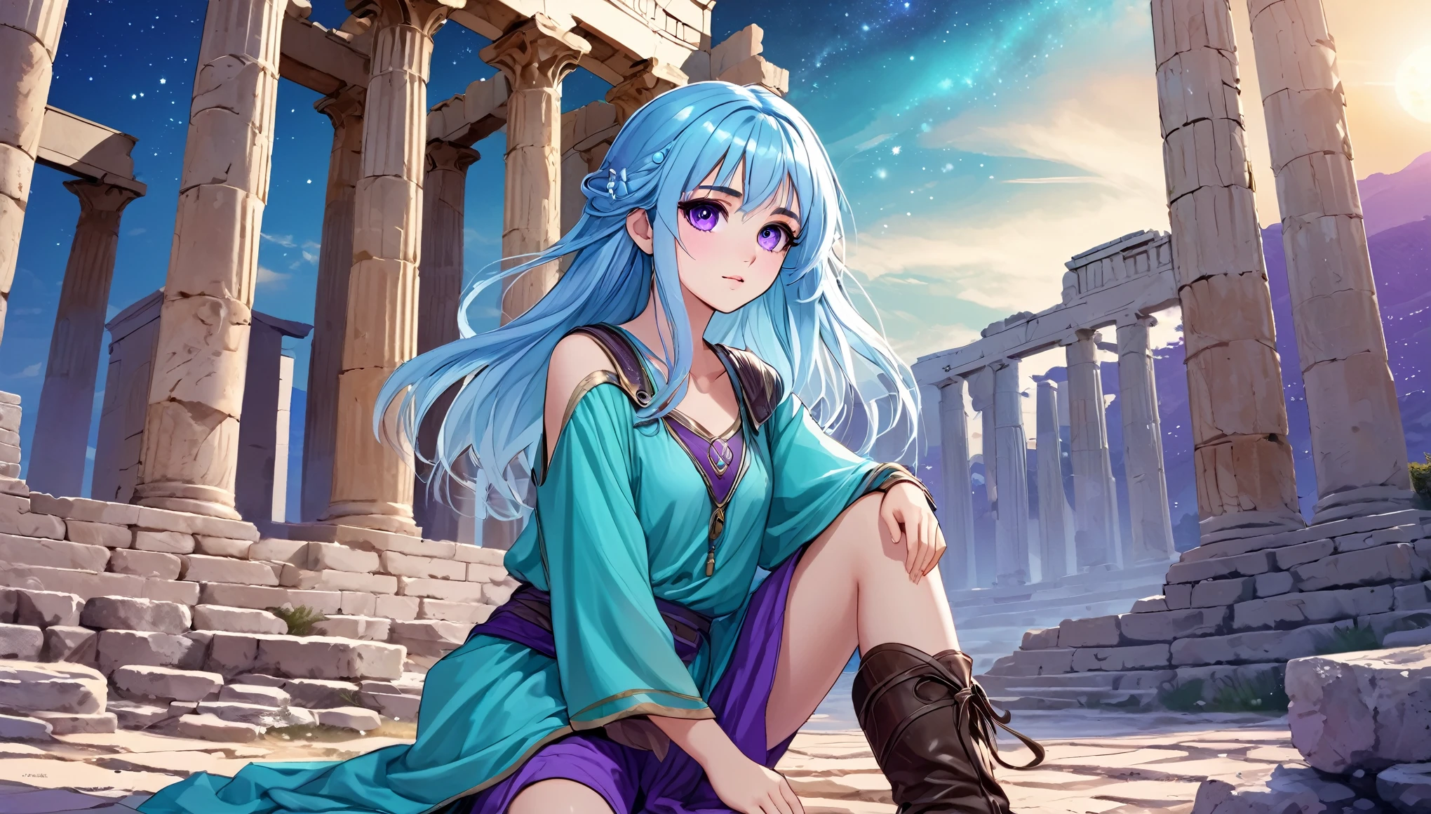 Masterpiece. High-resolution. 1girl about 20 years old. Pretty beautiful girl. Pretty big purple eyes. Delicate face. Beautiful face. (((Long light blue hair))). Straight hair. Messy hair. Hair bangs. Turquoise tunic. Purple tide pants. Leather boots. Greek ruins background with cosmic Sky.
