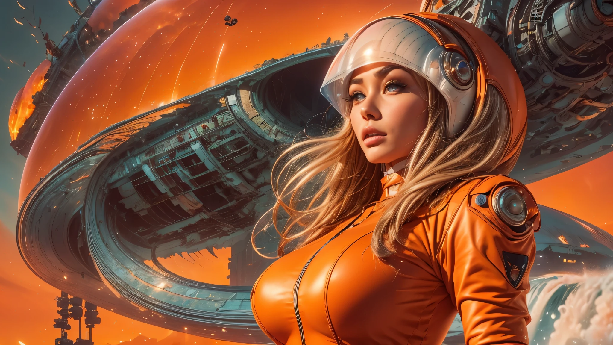 arafed image of a woman in a futuristic suit with a spaceship in the background, movie art, in front of an orange background, inspired by Robert McGinnis, female protagonist, megastructure in the background, portrait of an ai astronaut, astronauts, an astronaut, portrait of a astronaut skeletor, perfect android girl, detailed eyes, frank franzzeta and sakimichan  