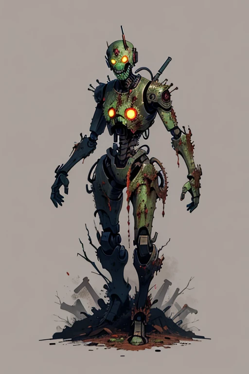 robot, zombie, infected robot, fungus, solo, simple background, infected, sickly, 