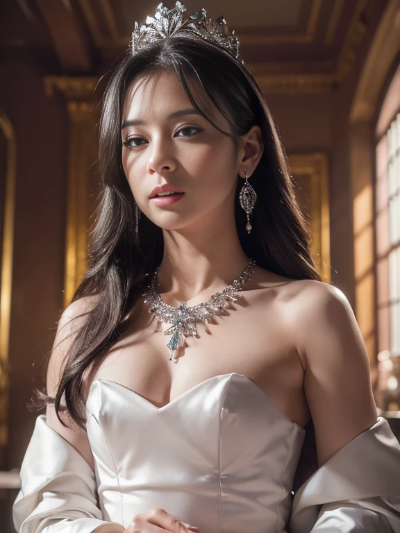 (masterpiece, best quality: 1.4), Detailed background, White crystal, crystal cluster,long hair,jewelry, earrings, necklace, crown, bride, small breasts