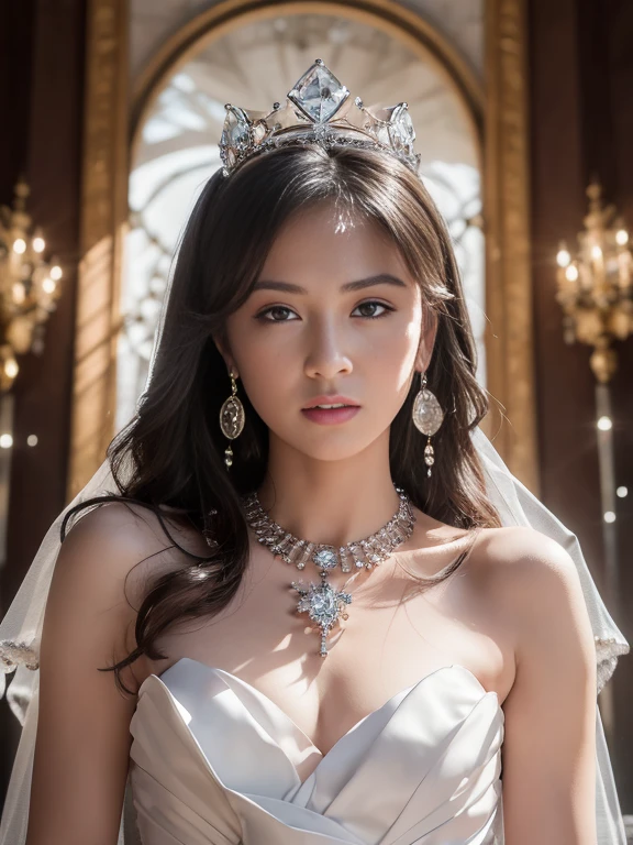 (masterpiece, best quality: 1.4), Detailed background, White crystal, crystal cluster,long hair,jewelry, earrings, necklace, crown, bride, small breasts