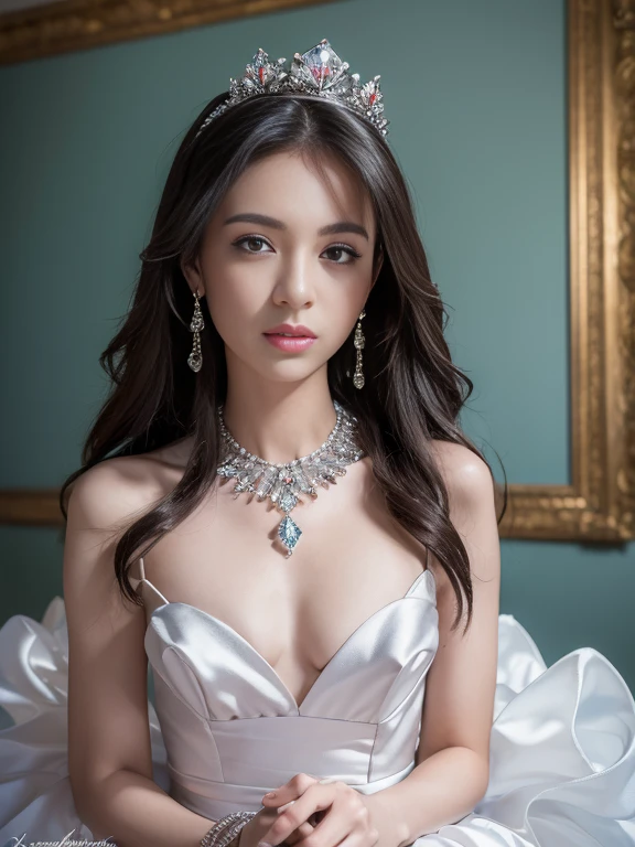 (masterpiece, best quality: 1.4), Detailed background, White crystal, crystal cluster,long hair,jewelry, earrings, necklace, crown, bride, small breasts