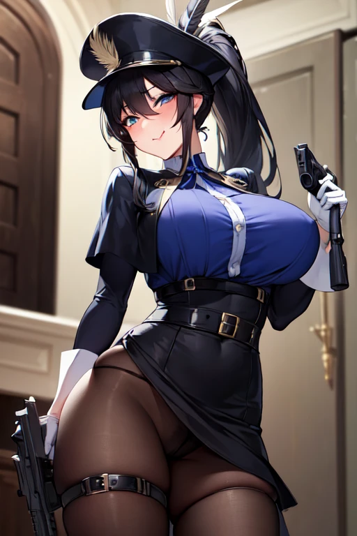 (Masterpiece, 8k, Best Quality, Highly detailed, depth of field:1.4), 1girl, black hair, black pantyhose, blue eyes, blue headwear, breasts, capelet, gloves, flinlock gun, hair between eyes, handgun, hat, hat feather, holding, holding gun, holding weapon, aiming at viewer, large breasts, long hair, looking at viewer, pantyhose, ponytail, revolver, shirt, skirt, solo, standing, thigh strap, weapon, white gloves, (skirt lift:0.8), panties, blush, seductive face, licking lips, sly smile, shy face, questionable, nsfw