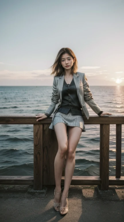 Film Style、8k、Ultra HD resolution、Inspired by the 007 movie、Storytelling、Ultra HD resolution、((best quality, Highest image quality, high resolution, Practical, original photo, 8k)), ((perfect composition、Golden Ratio))、(Full body female love)，A beautiful lady sitting on the railing， Inspired by Yang Mi，seaside，Perfect body，(((Wearing a women&#39;s suit jacket、Intricate short skirts:1.2))),Detailed knitted fabric，belly button，Sexy long legs，Spread your legs，Water splashing on thighs，Sexy high heels，space art,Slim abdominal muscles,，Beautiful face，Very detailed的脸部细节，smart eyes，
Film Art Theme, High Detail, Very detailed，Practical, Photo quality, high quality,  (photoPractical:1.4), Storytelling的情景，Perfect work of art，real background，At sunset，The endless sea in the background，Spread your legs