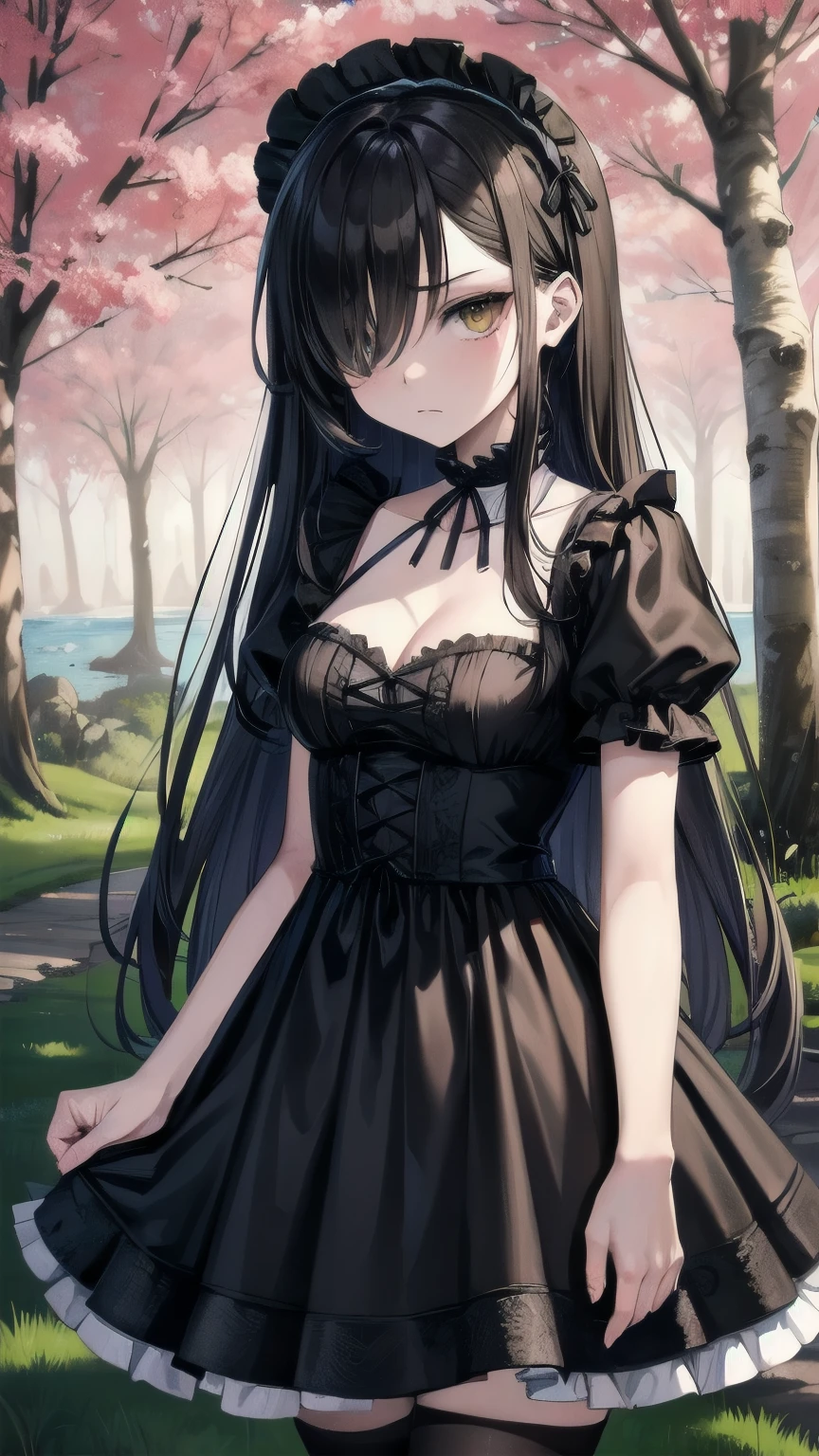 (masterpiece), best quality, expressive eyes, perfect face, lolita fashion, gothic lolita, mature female, medium breasts, Cleavage, long hair, (hair over one eye), very long hair, straight hair, black hair BREAK yellow eye BREAK black dress, black thighhighs BREAK glaring, :/, standing, birch tree, birch forest, lake, grass, landscape,  
