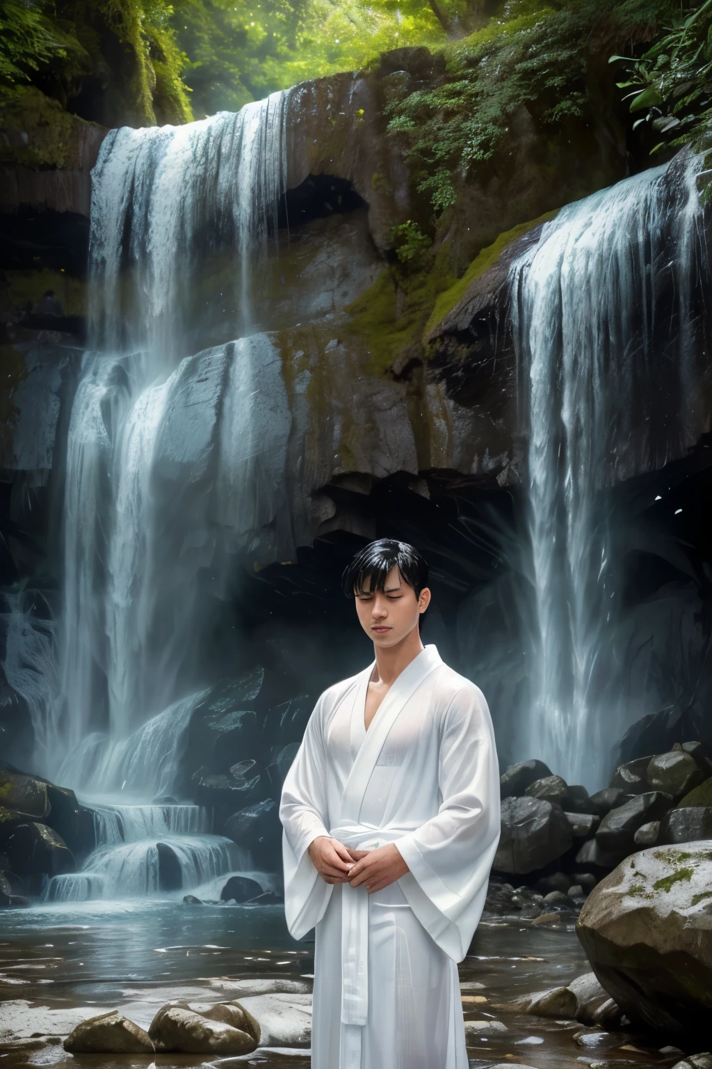 (1boy solo standing under a waterfall), wet, (facing down), wearing a white kimono that is wet and sheer (pure white robe:1.1), (black hair), (eyes lightly closed:1.1), handsome face, detailed face, 18-year-old male, (masterpiece best quality:1.2) photo realistic image ultra-detailed, (waterfall) outdoors, sacred spot, splash, rocks, (waterfall sparkle in the sunlight), detailed background