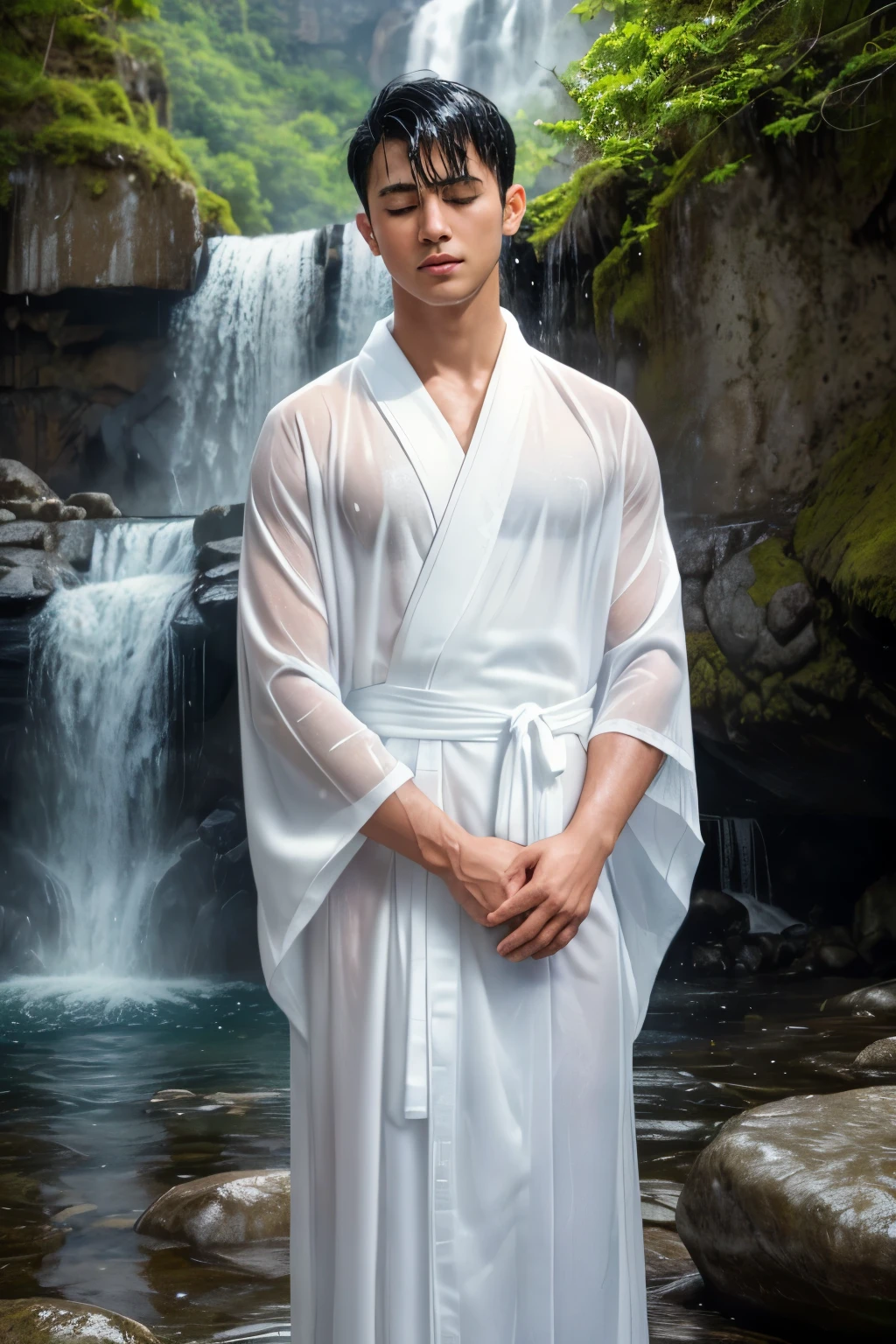 Young muscular Vietnamese monk, Detailed baldness, tractor head, shirtless :: shirtlessคลุม, Buddhism, quiet, Dark brown coat with details., Take the whole body, Walking posture :: Manly, Look at the camera, (Make eye contact), manhood posture, Manly deportment, Have morals, masculinity, manhood, very detailed facial parts, very detailed neck, Manly, waterfall background, happy expression, professional photos, soft focus, (8ก, raw photos, best quality, Masterpiece:1.2), very detailed, Ultra high resolution, perfect anatomy, ส่วนของร่างกายที่very detailed, The body is very symmetrical., Asia, 18 years old, shirtless :: Highly detailed, detailed face, Detailed eyes, proportional eyes, very detailed mouth, Leaky abdomen :: very detailed, thin, small waist, realistic, human skin, นิ้วที่very detailed, handsome chad chin, shirtless, Be a man, human skin, handsome, charming, Highly detailed RAW color photo, depth of field, Photo taken from the front, perfect composition, very detailed hands, very detailed fingers