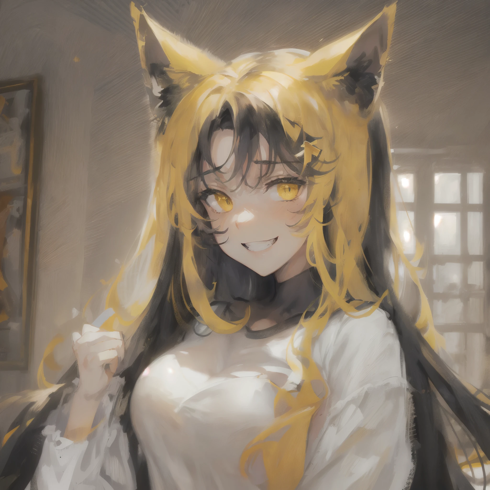 (Portrait), (Medium Shot:1.5), ((1Girl)), 18-years-old, big Cat ears, yellow cat eyes, evil smile, big breast, Black-mane-hair, (white-oversized-t-shirt), pijama, Background: Room, masterpiece, best quality, high resolution, absurd resolution, best quality, 4K.