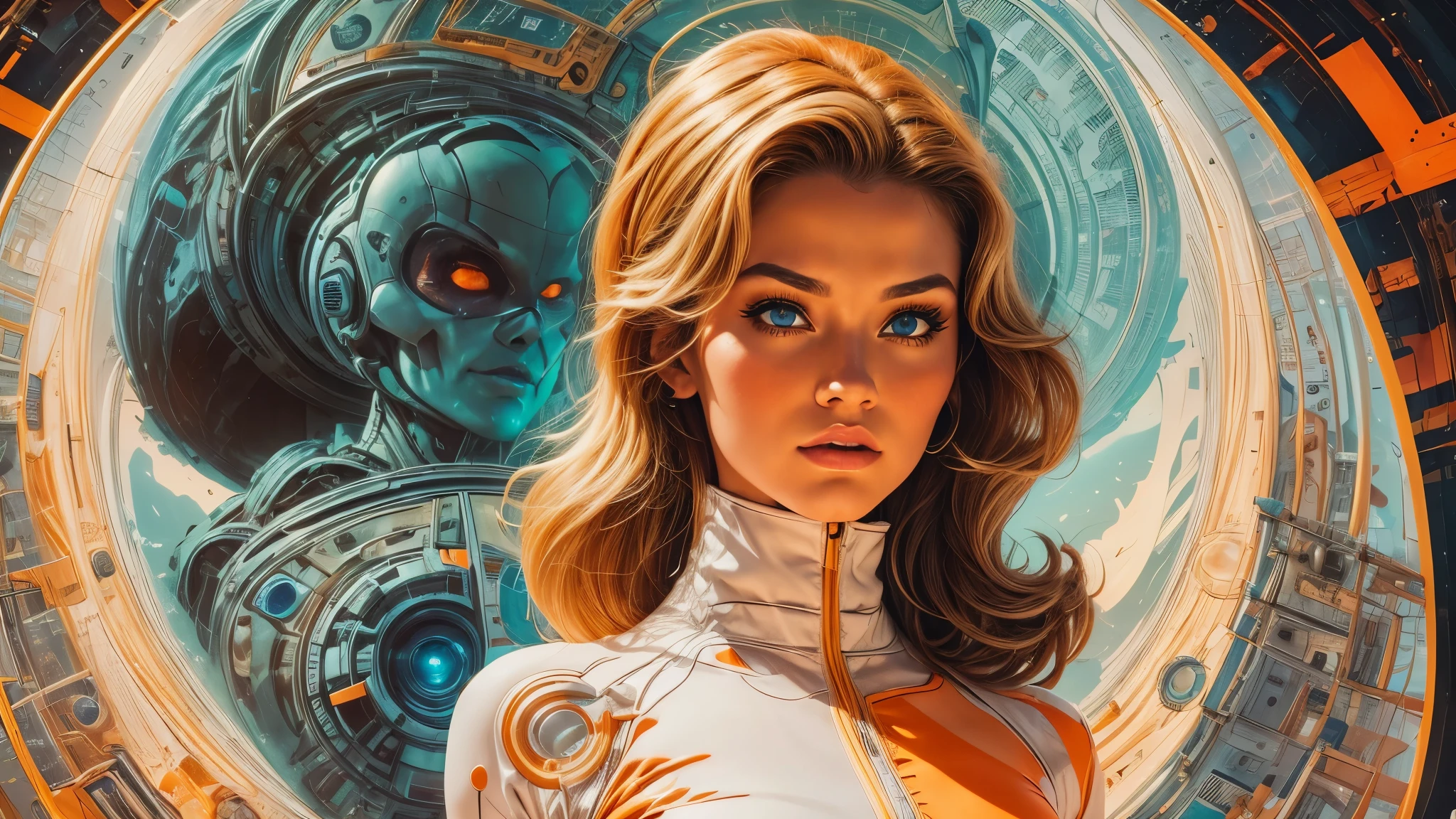 arafed image of a white woman in a futuristic suit with a spaceship in the background, movie art, in front of an orange background, inspired by Robert McGinnis, female protagonist, megastructure in the background, portrait of an ai astronaut, astronauts, an astronaut, portrait of a astronaut skeletor, perfect android girl, detailed eyes, frank franzzeta and sakimichan