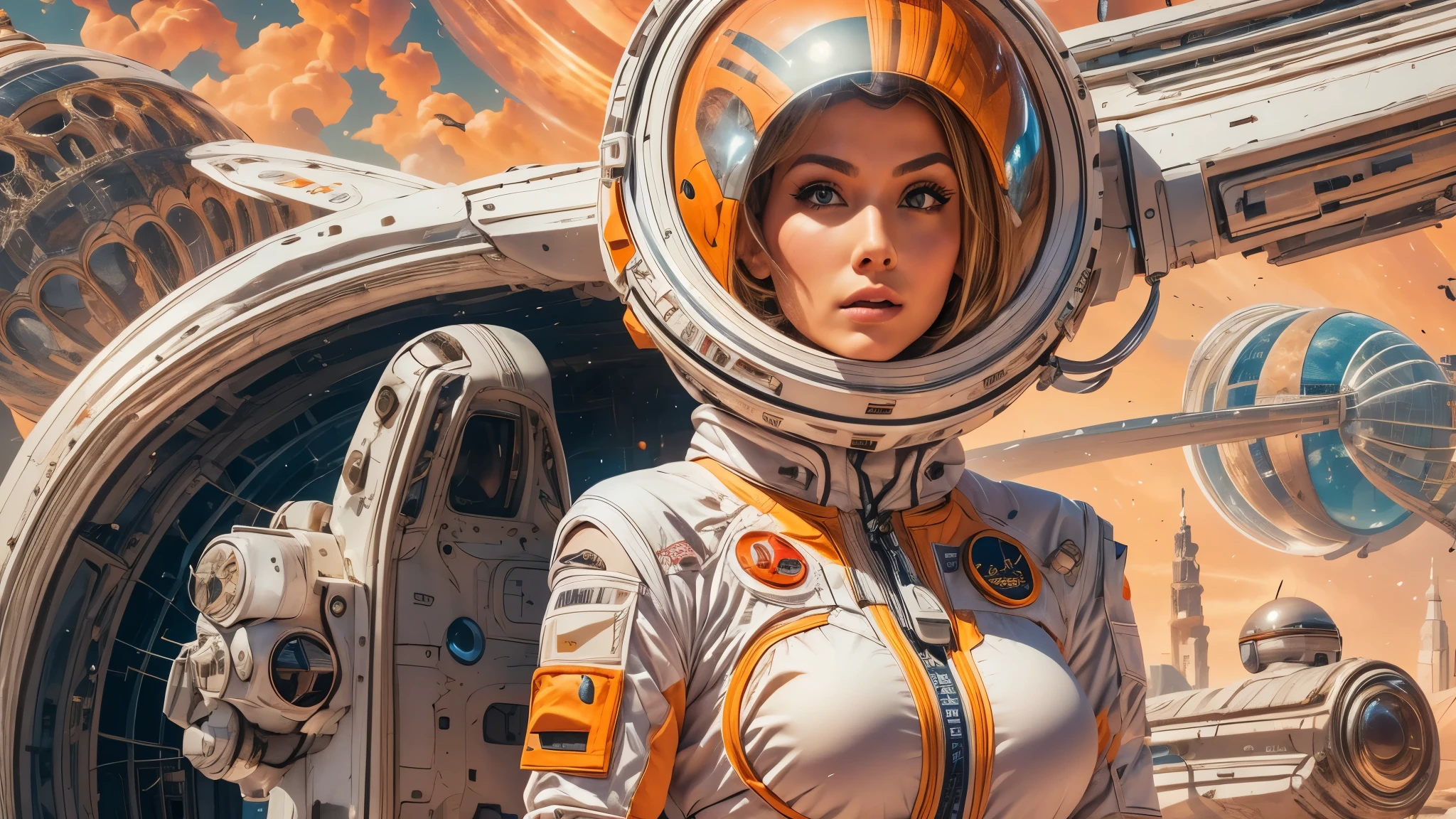 arafed image of a white woman in a futuristic suit with a spaceship in the background, movie art, in front of an orange background, inspired by Robert McGinnis, female protagonist, megastructure in the background, portrait of an ai astronaut, astronauts, an astronaut, portrait of a astronaut skeletor, perfect android girl, detailed eyes, frank franzzeta and sakimichan