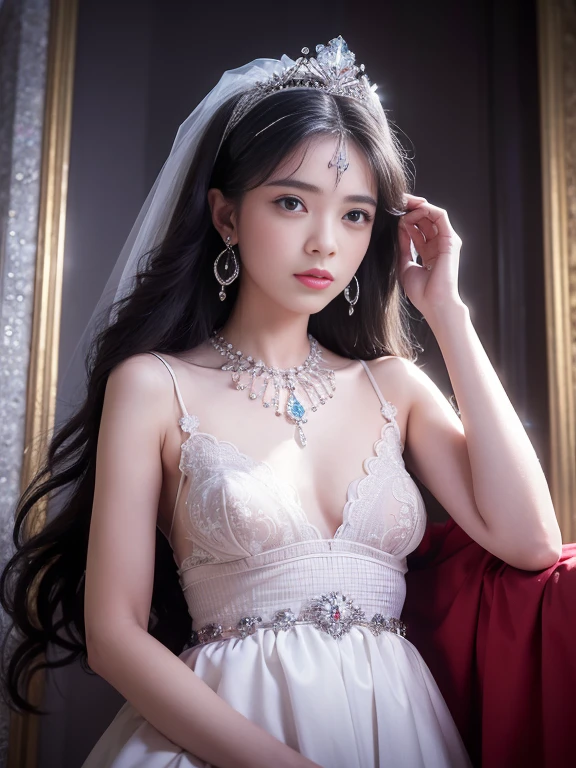 (masterpiece, best quality: 1.4), Detailed background, White crystal, crystal cluster,long hair,jewelry, earrings, necklace, crown, bride, small breasts