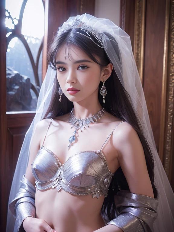 (masterpiece, best quality: 1.4), Detailed background, White crystal, crystal cluster,long hair,jewelry, earrings, necklace, crown, bride, small breasts