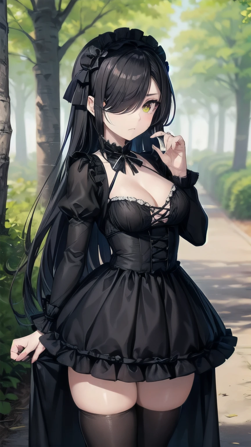 (masterpiece), best quality, expressive eyes, perfect face, ta fashion, gothic lolimature female, medium breasts, Cleavage, long hair, (hair over one eye), very long hair, straight hair, black hair BREAK yellow eye BREAK black dress, black thighhighs BREAK glaring, :/, standing, birch tree, birch forest, lake, grass, landscape,